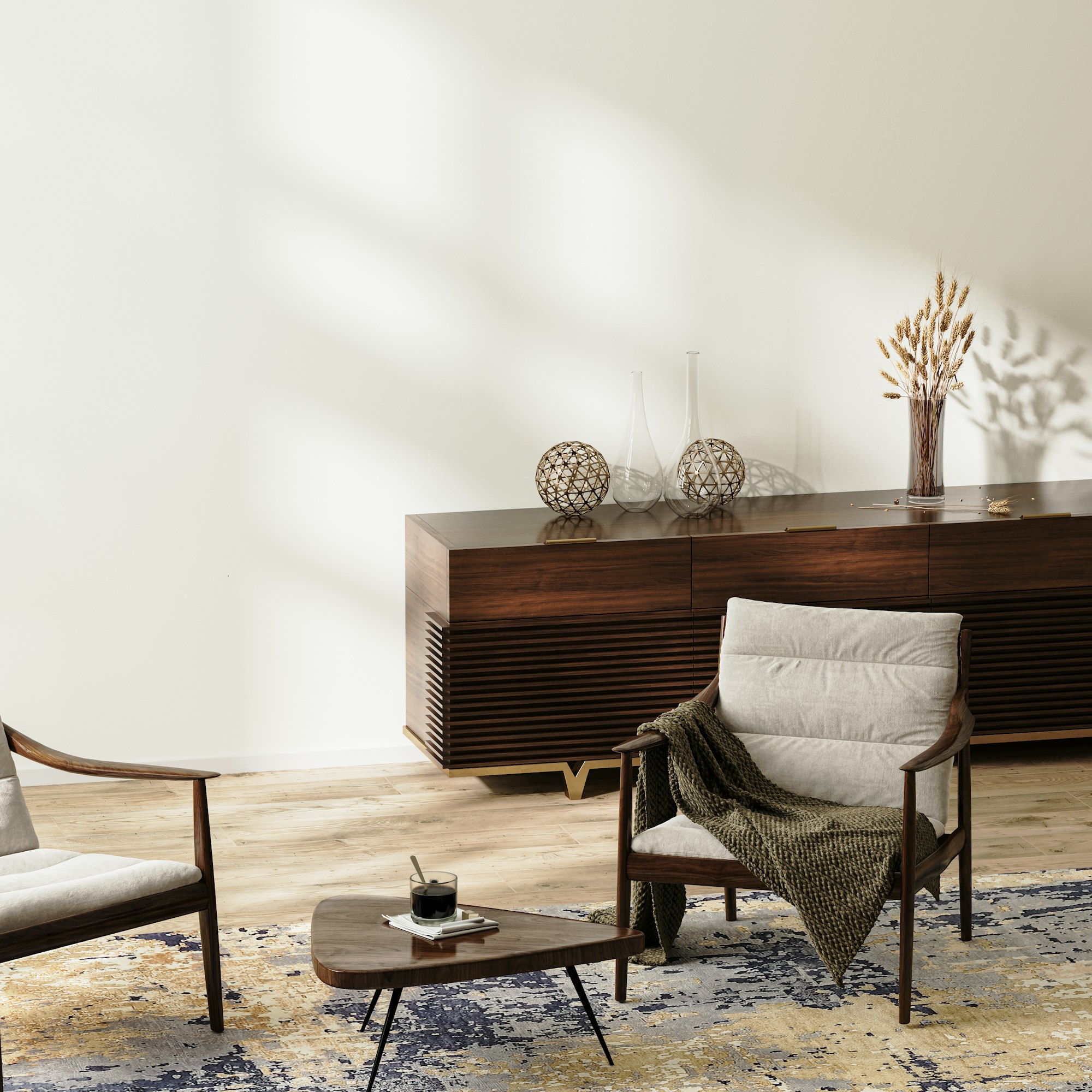 modern living room background, home interior with dark wooden furniture and white wall, 3d rendering